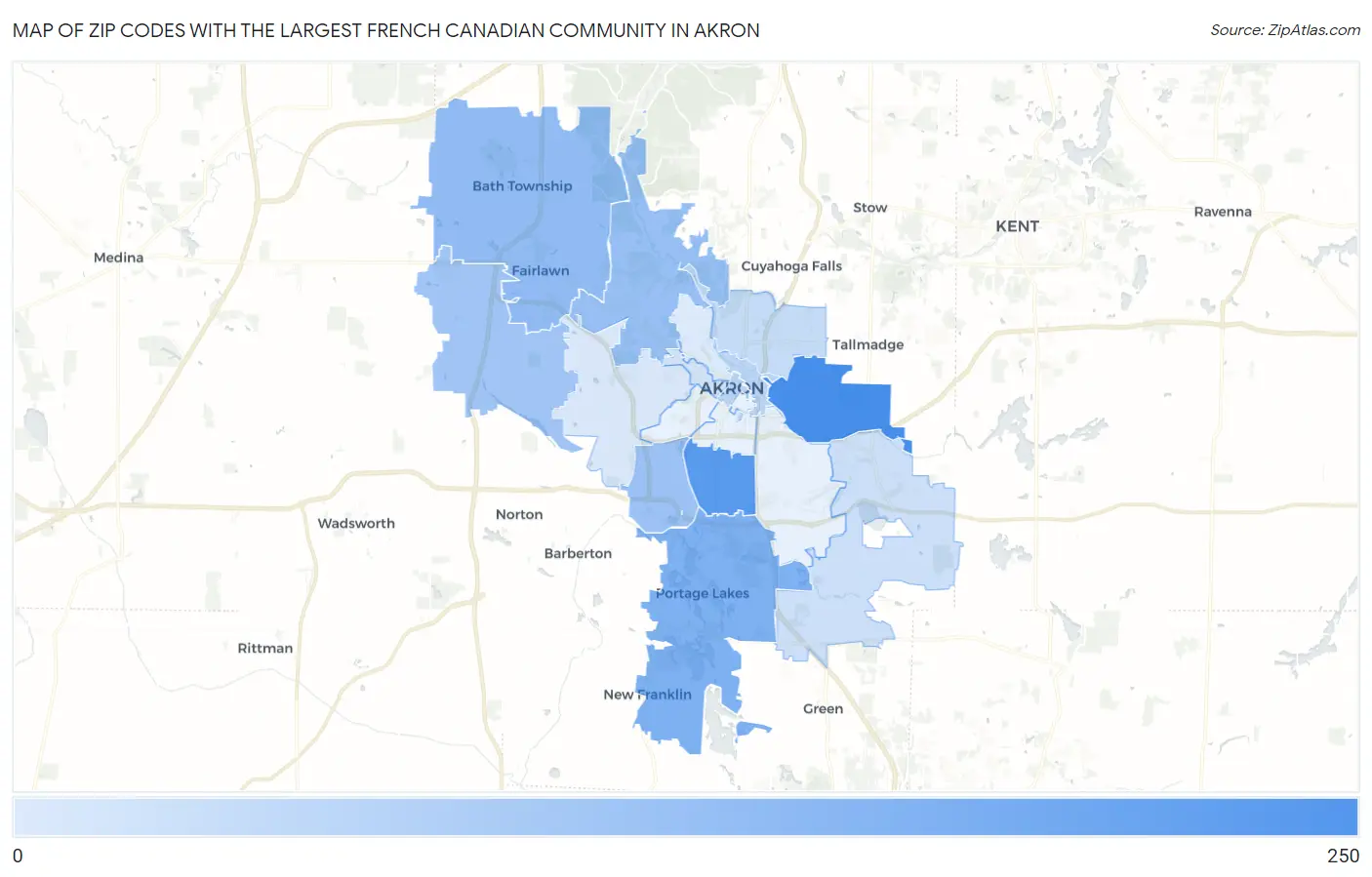 Zip Codes with the Largest French Canadian Community in Akron Map