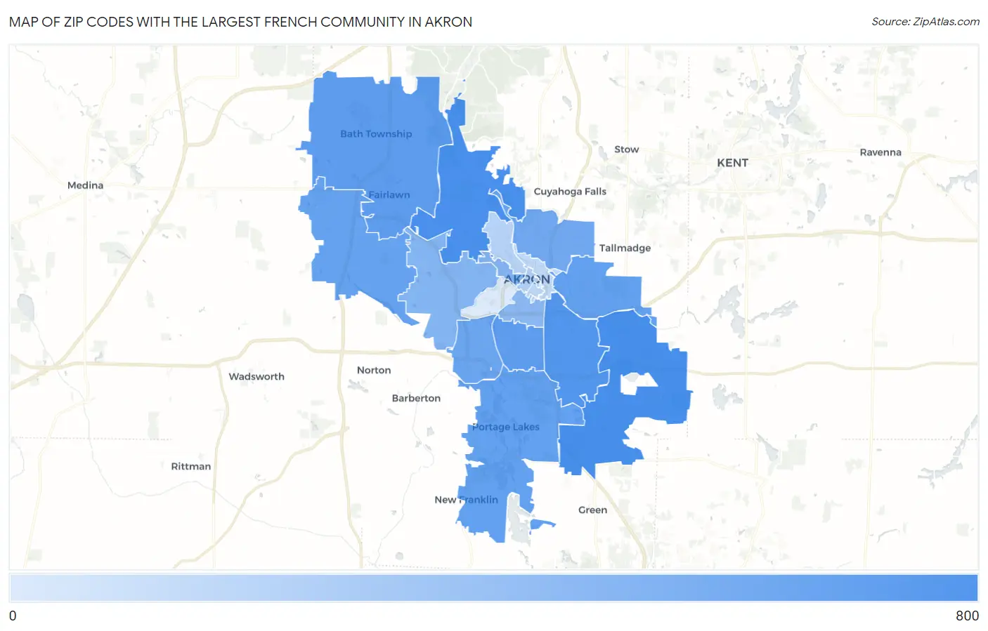 Zip Codes with the Largest French Community in Akron Map