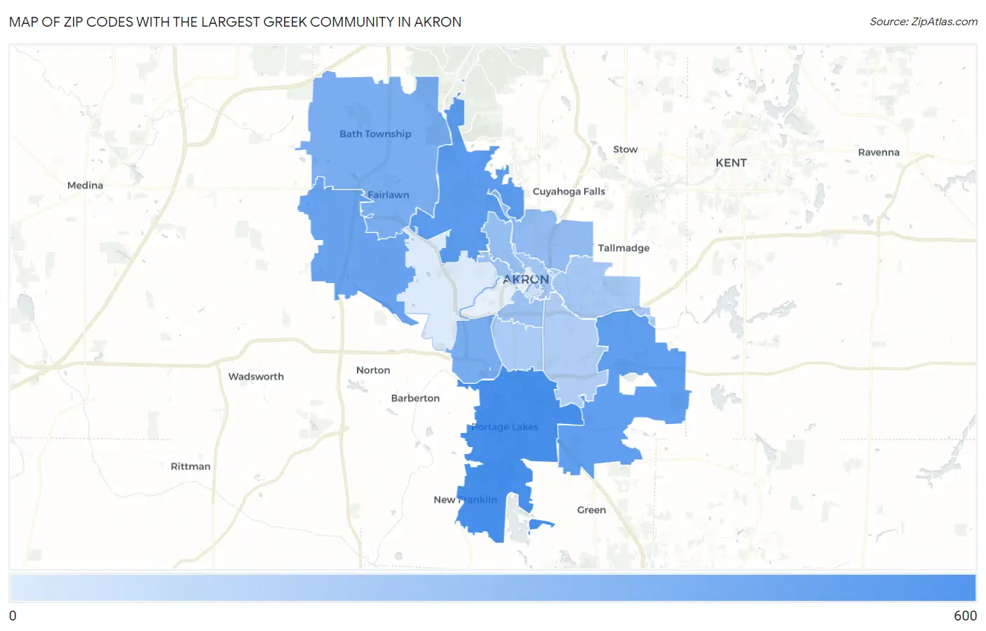 Zip Codes with the Largest Greek Community in Akron Map