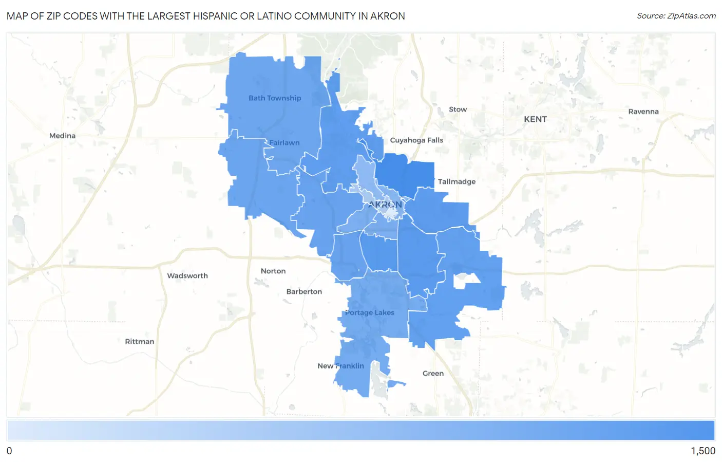 Zip Codes with the Largest Hispanic or Latino Community in Akron Map