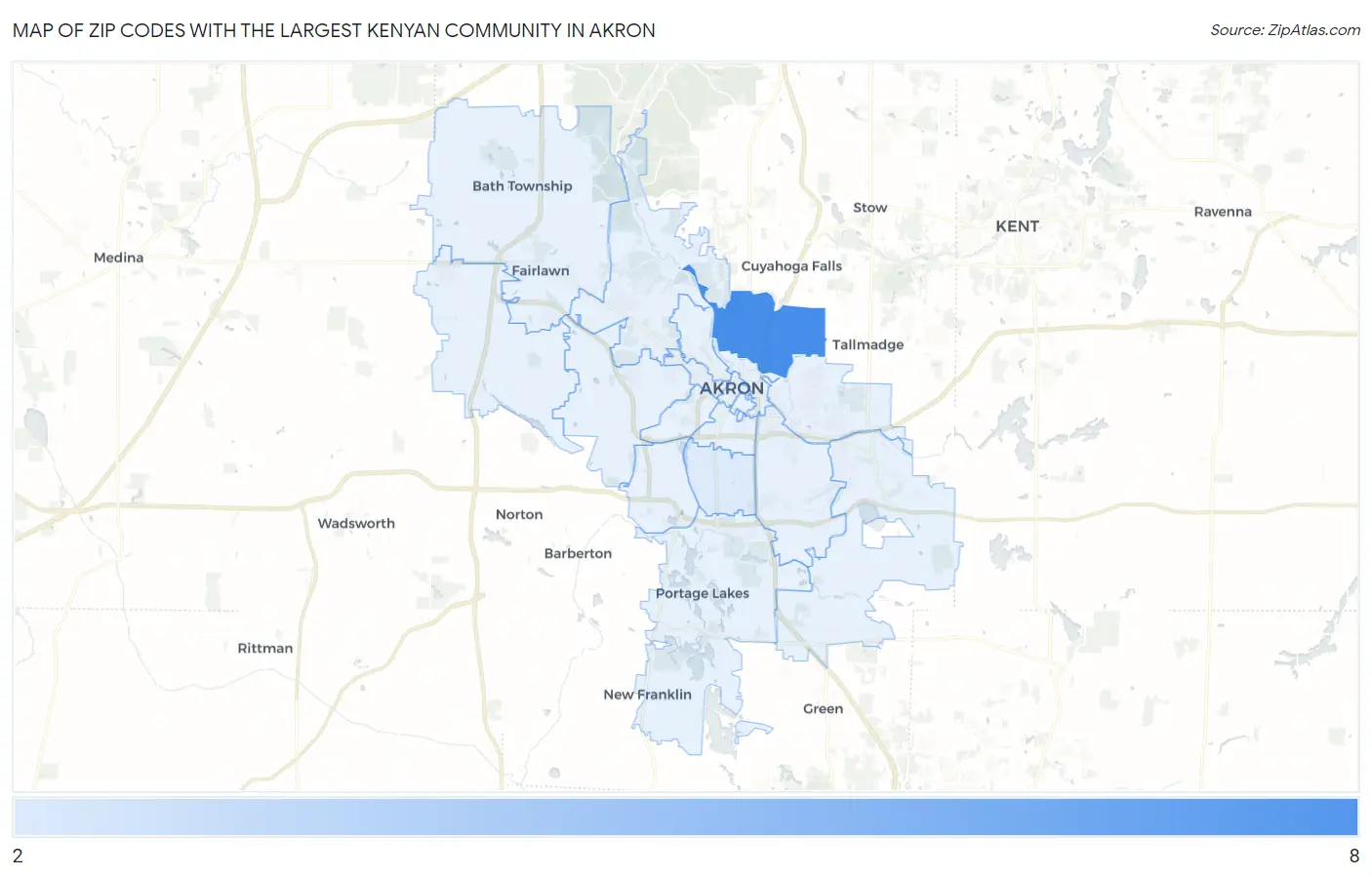 Zip Codes with the Largest Kenyan Community in Akron Map