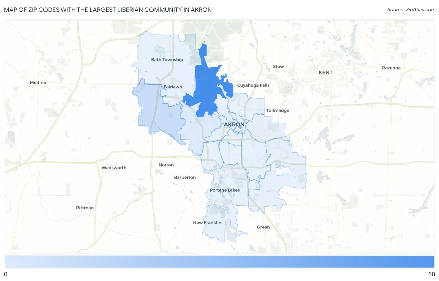 Zip Codes with the Largest Liberian Community in Akron Map