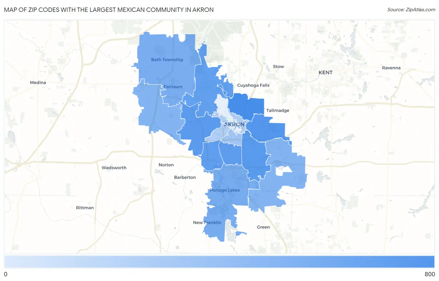 Zip Codes with the Largest Mexican Community in Akron Map