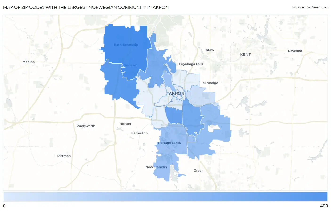 Zip Codes with the Largest Norwegian Community in Akron Map