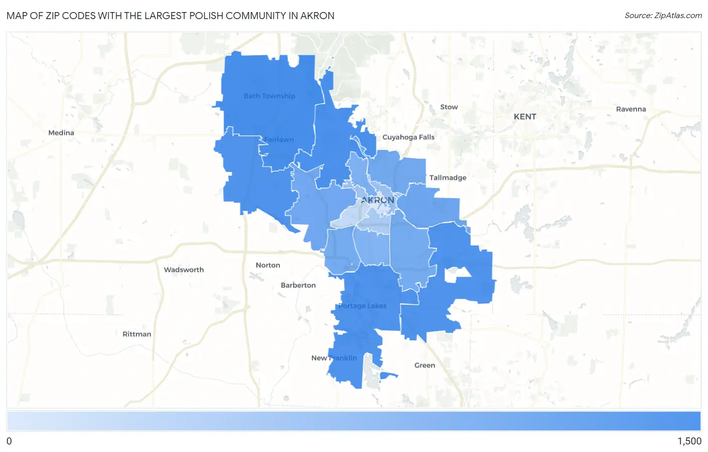 Zip Codes with the Largest Polish Community in Akron Map