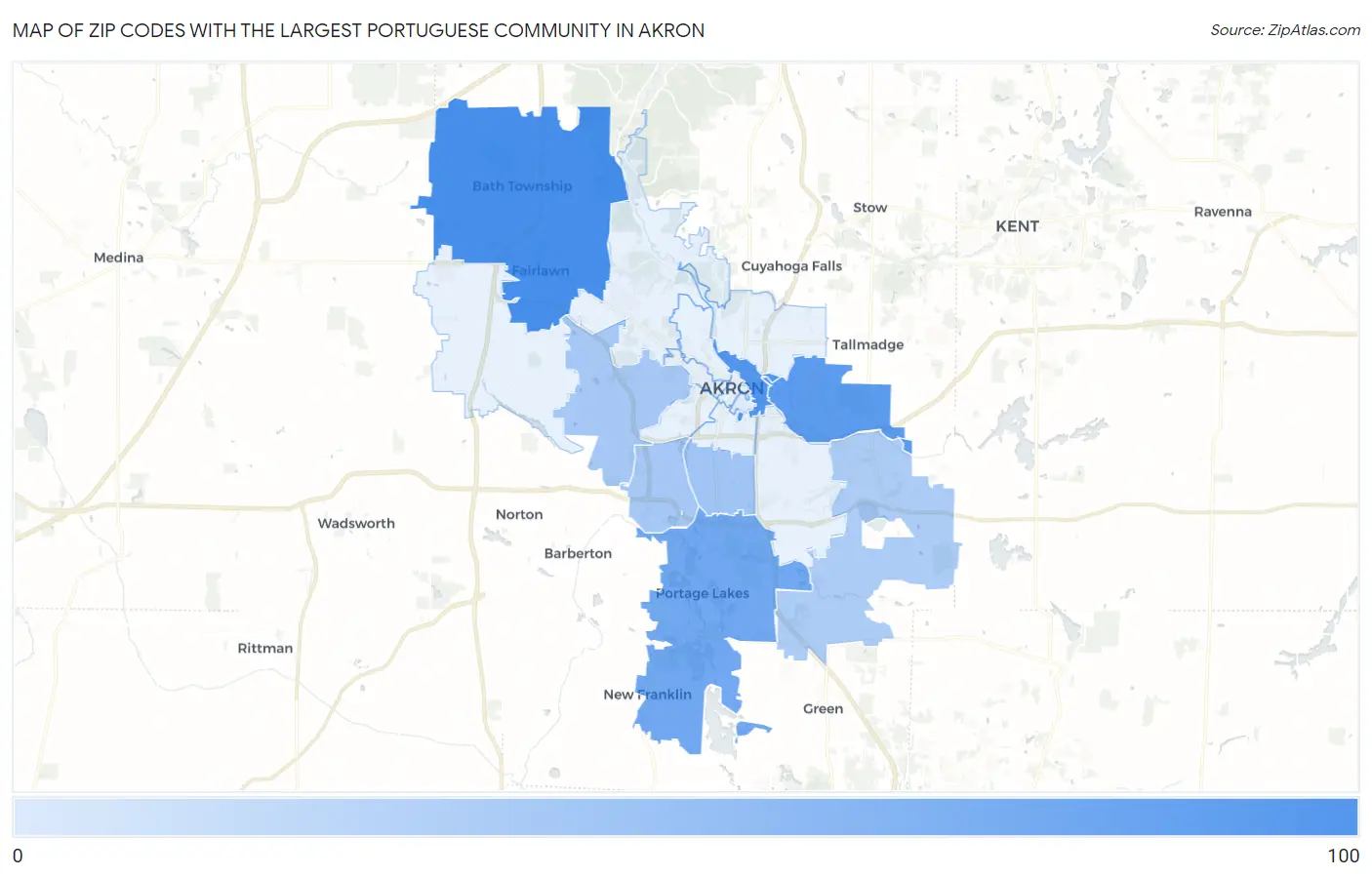 Zip Codes with the Largest Portuguese Community in Akron Map