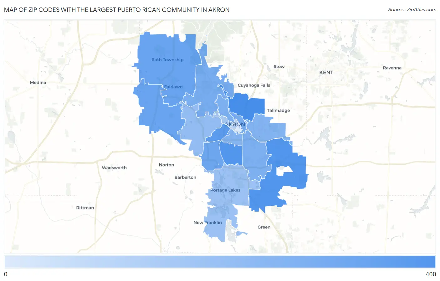 Zip Codes with the Largest Puerto Rican Community in Akron Map