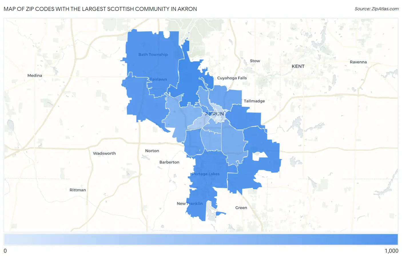 Zip Codes with the Largest Scottish Community in Akron Map