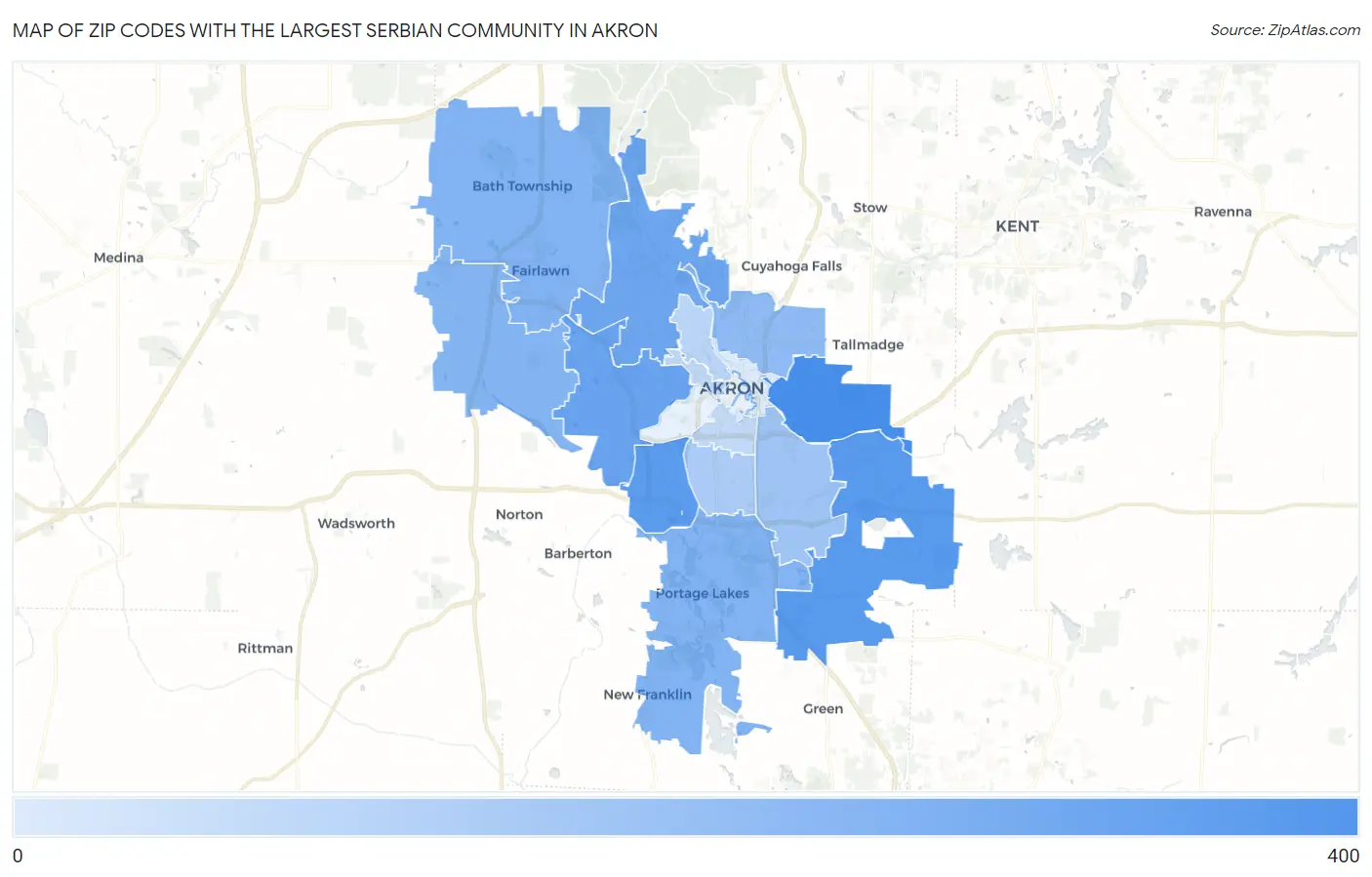 Zip Codes with the Largest Serbian Community in Akron Map
