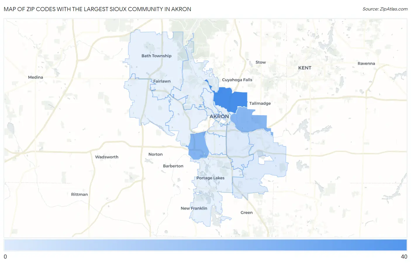 Zip Codes with the Largest Sioux Community in Akron Map