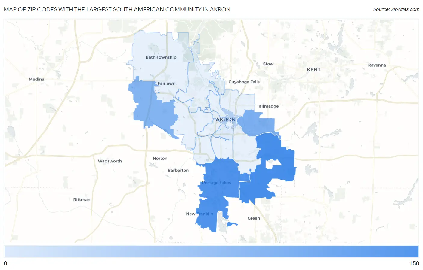 Zip Codes with the Largest South American Community in Akron Map