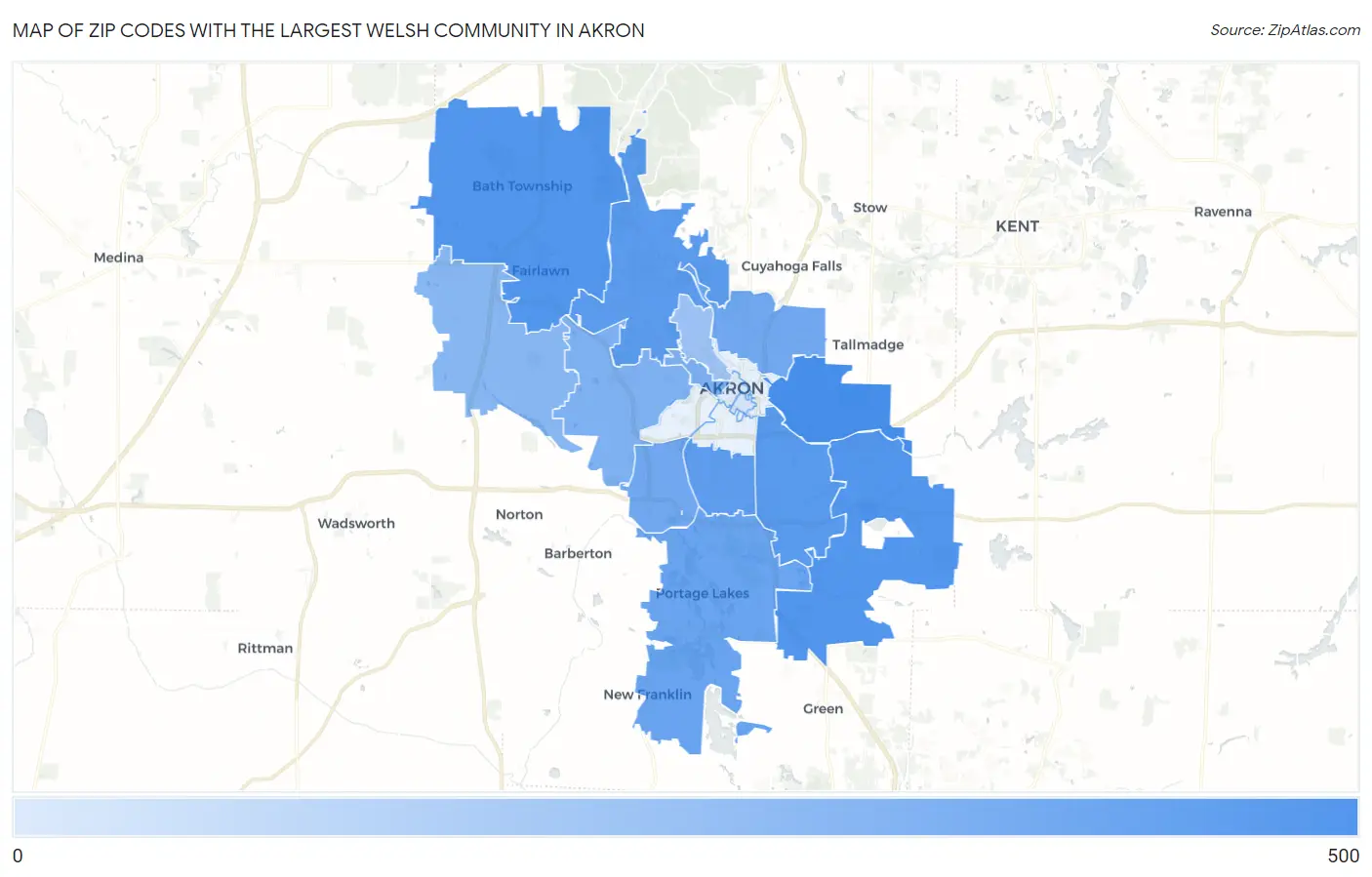 Zip Codes with the Largest Welsh Community in Akron Map