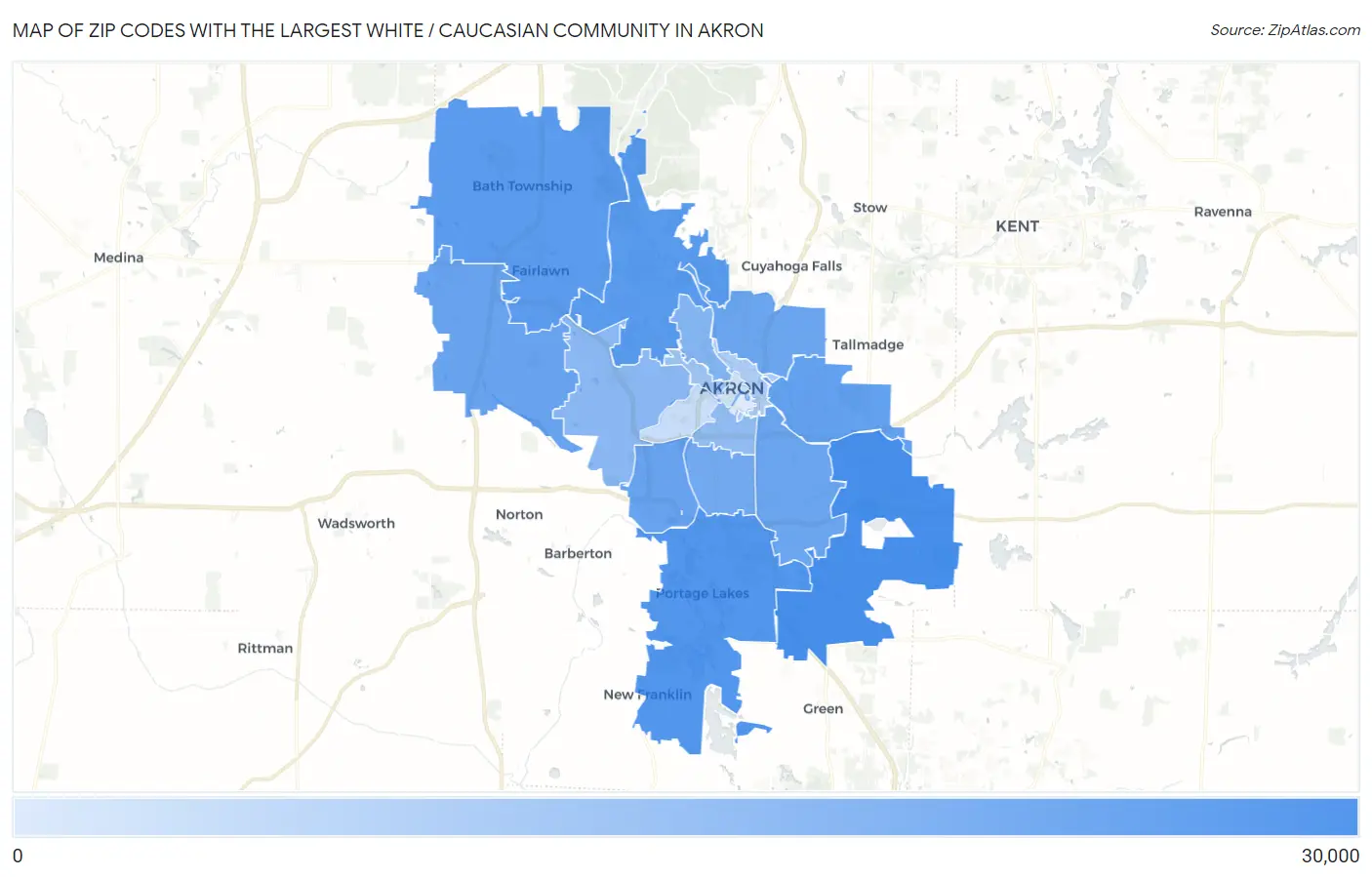 Zip Codes with the Largest White / Caucasian Community in Akron Map