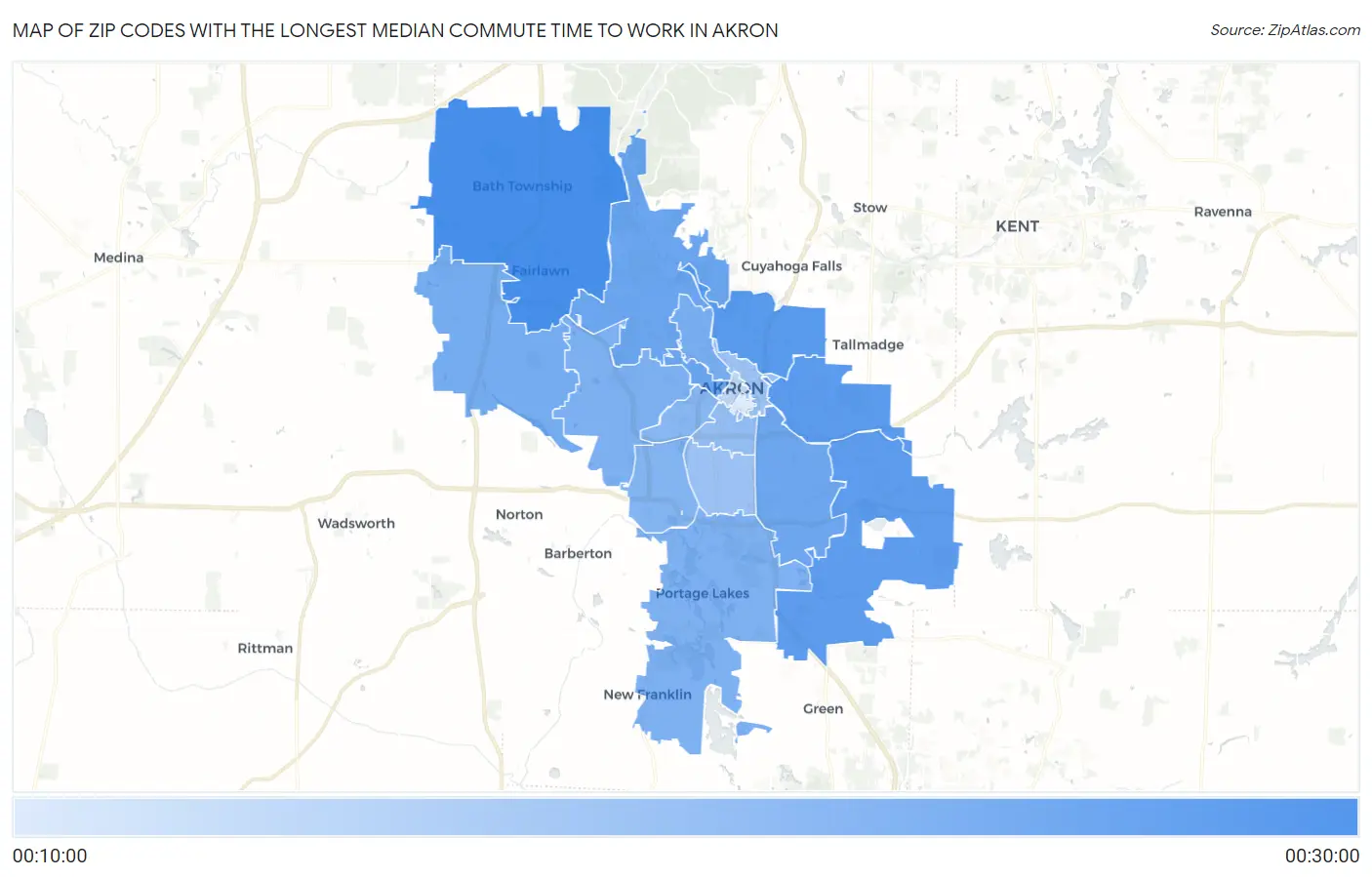 Zip Codes with the Longest Median Commute Time to Work in Akron Map