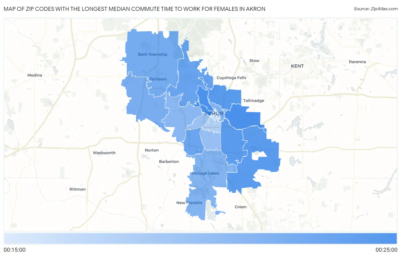 Zip Codes with the Longest Median Commute Time to Work for Females in Akron Map