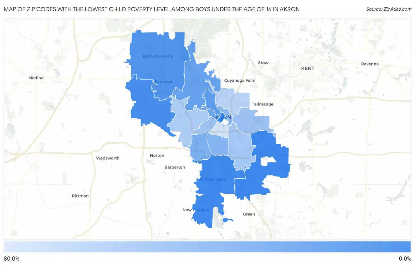 Zip Codes with the Lowest Child Poverty Level Among Boys Under the Age of 16 in Akron Map