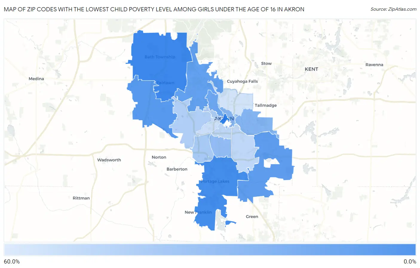 Zip Codes with the Lowest Child Poverty Level Among Girls Under the Age of 16 in Akron Map
