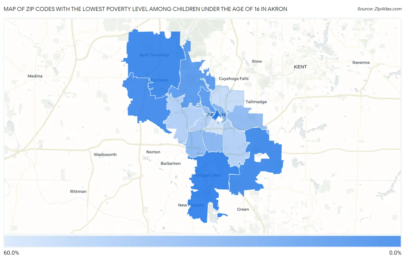 Zip Codes with the Lowest Poverty Level Among Children Under the Age of 16 in Akron Map