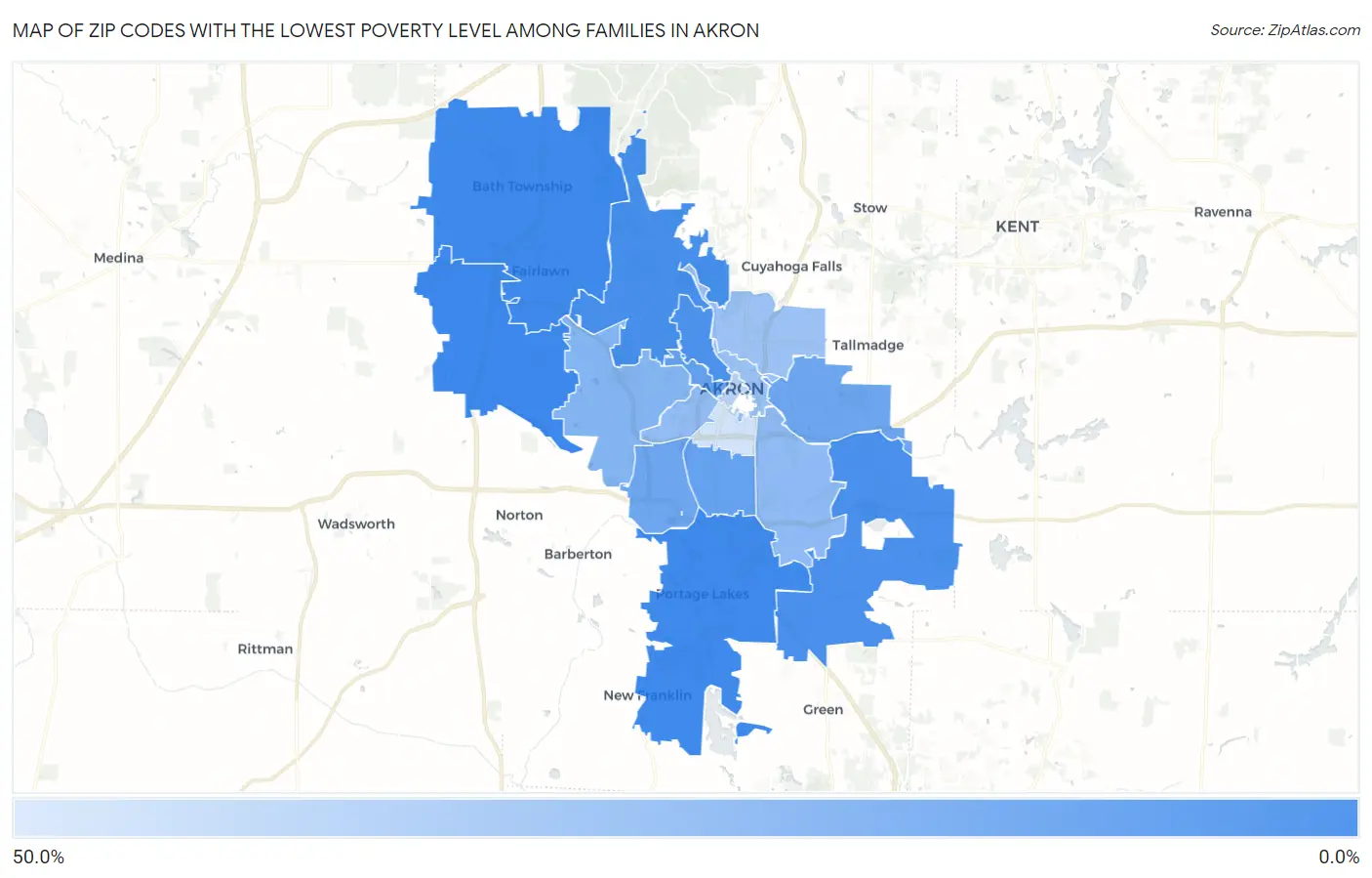 Zip Codes with the Lowest Poverty Level Among Families in Akron Map