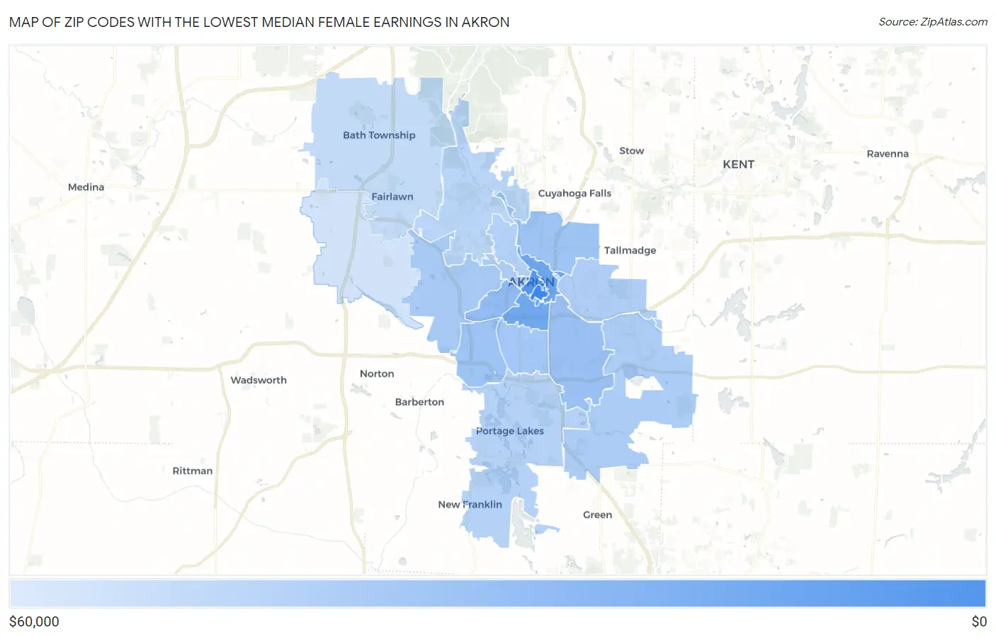 Zip Codes with the Lowest Median Female Earnings in Akron Map