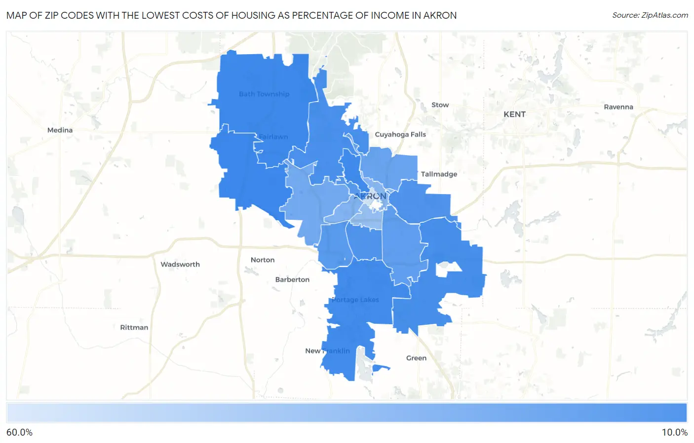 Zip Codes with the Lowest Costs of Housing as Percentage of Income in Akron Map