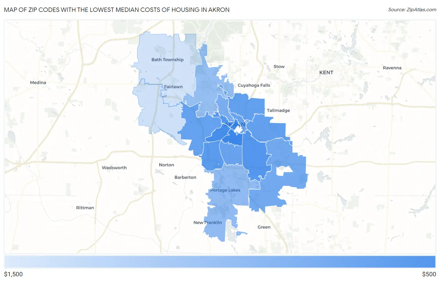 Zip Codes with the Lowest Median Costs of Housing in Akron Map