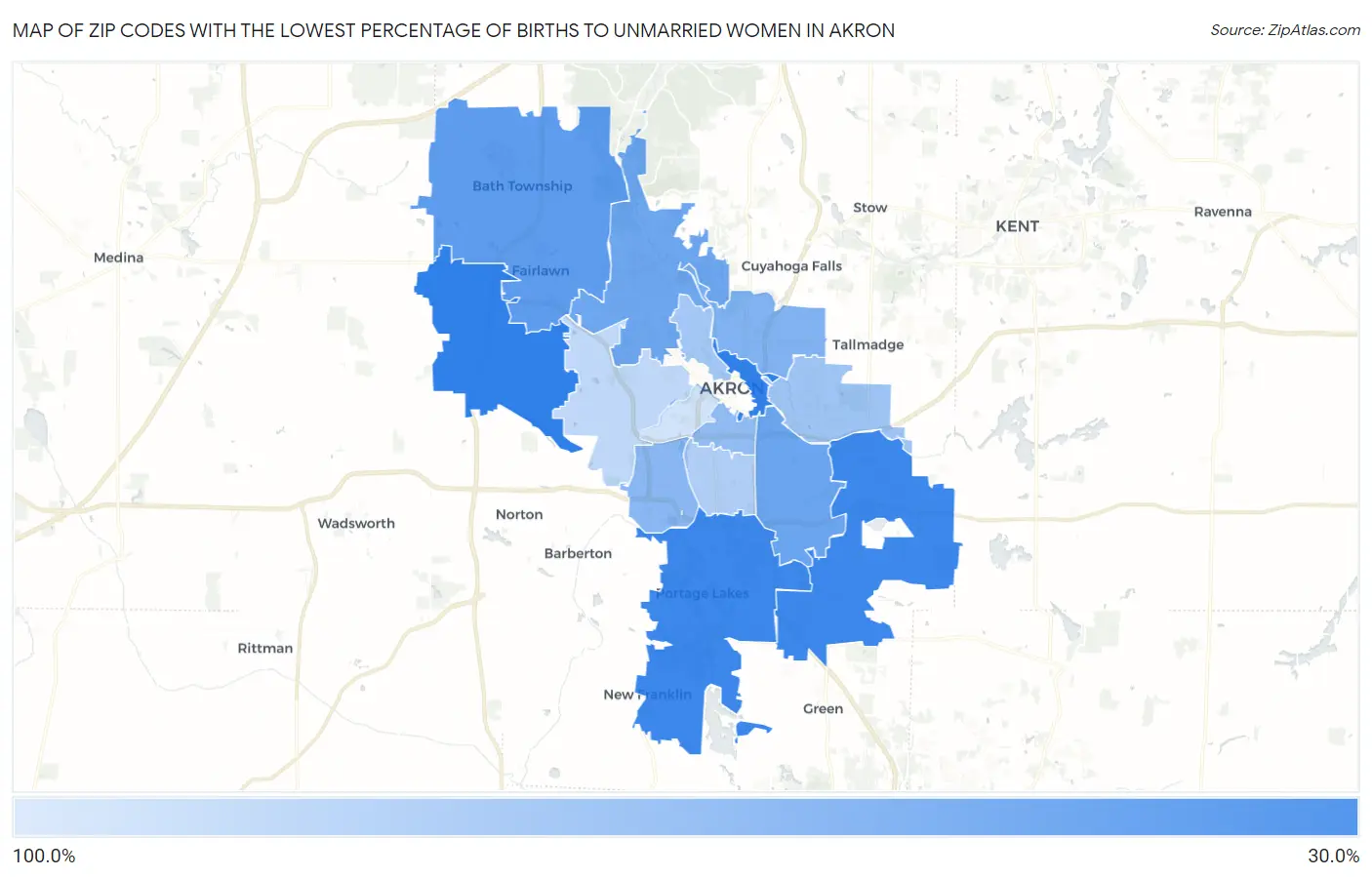 Zip Codes with the Lowest Percentage of Births to Unmarried Women in Akron Map