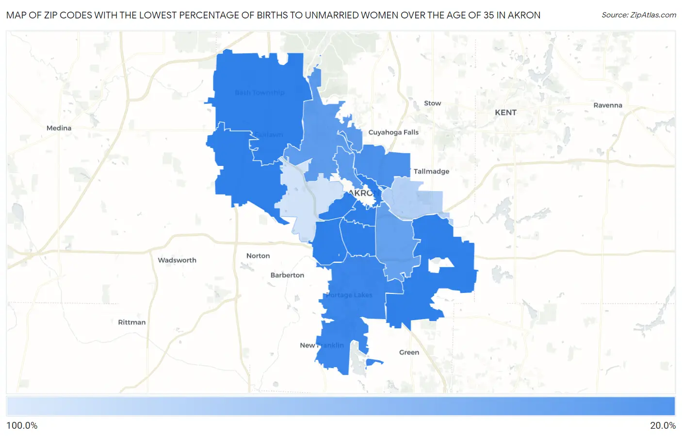 Zip Codes with the Lowest Percentage of Births to Unmarried Women over the Age of 35 in Akron Map