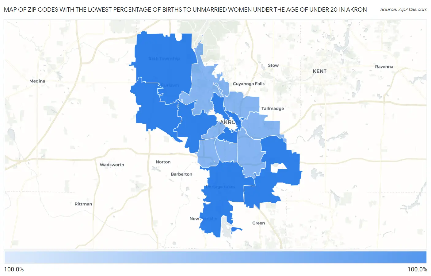Zip Codes with the Lowest Percentage of Births to Unmarried Women under the Age of under 20 in Akron Map