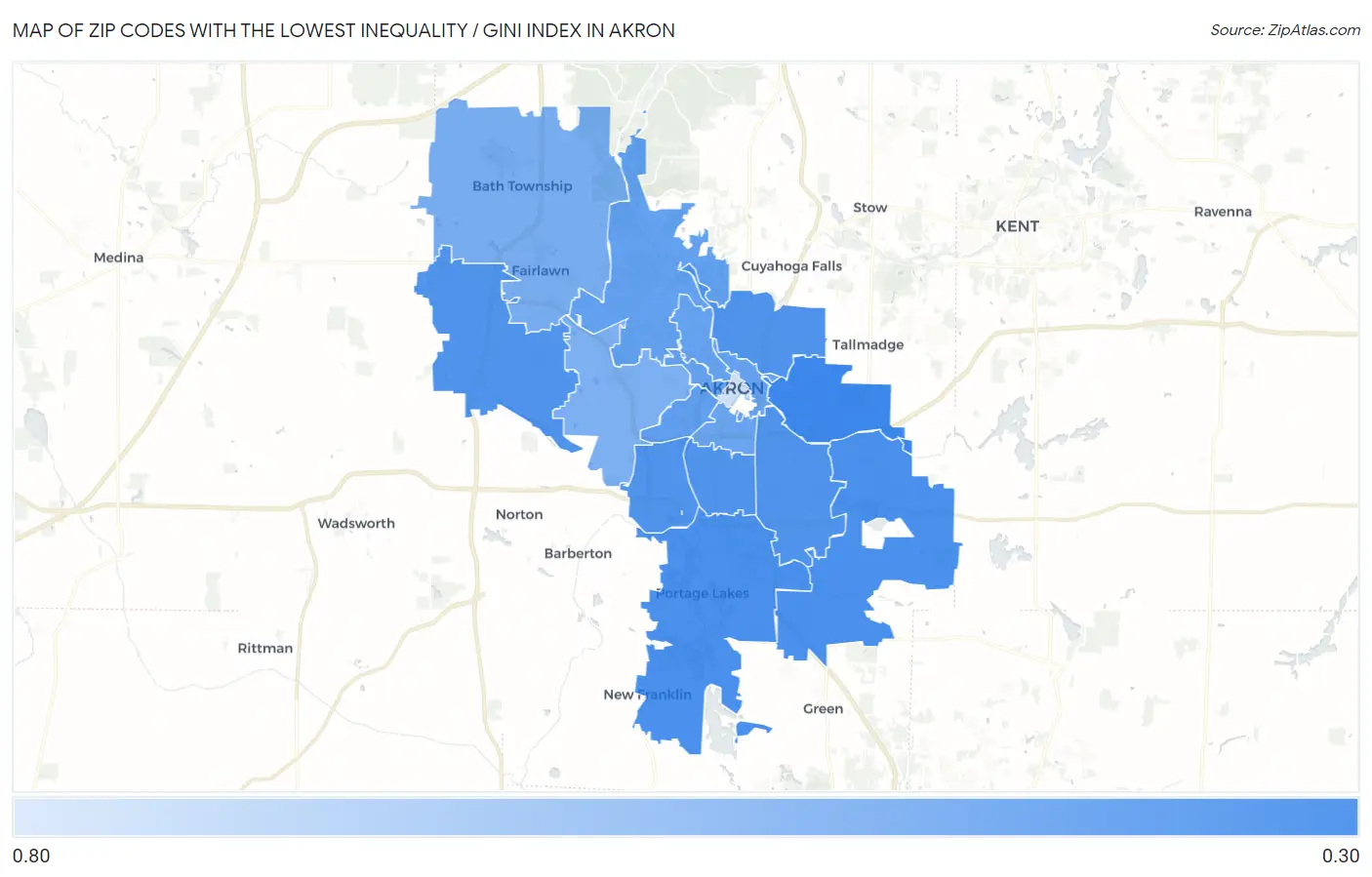 Zip Codes with the Lowest Inequality / Gini Index in Akron Map