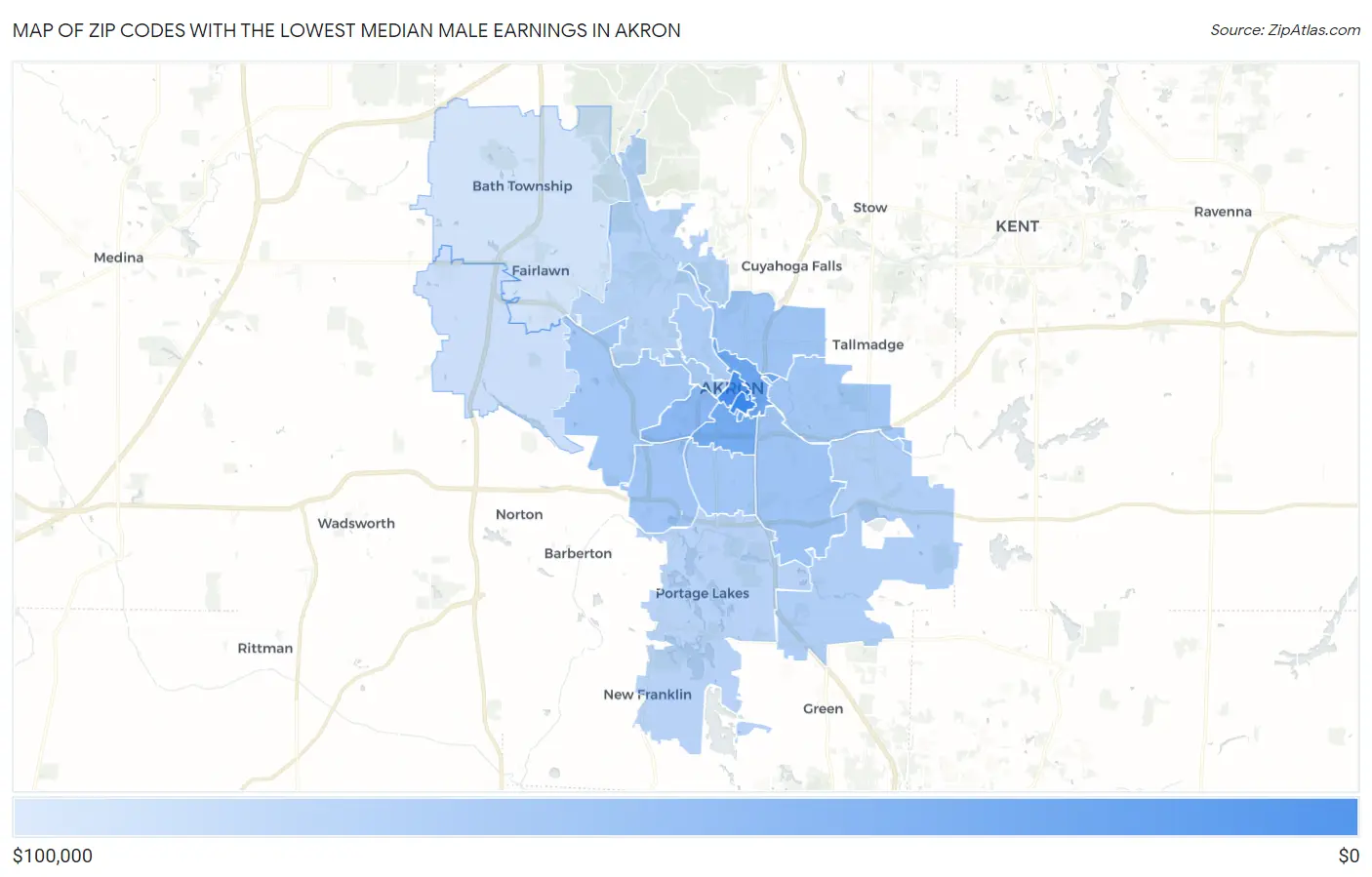Zip Codes with the Lowest Median Male Earnings in Akron Map