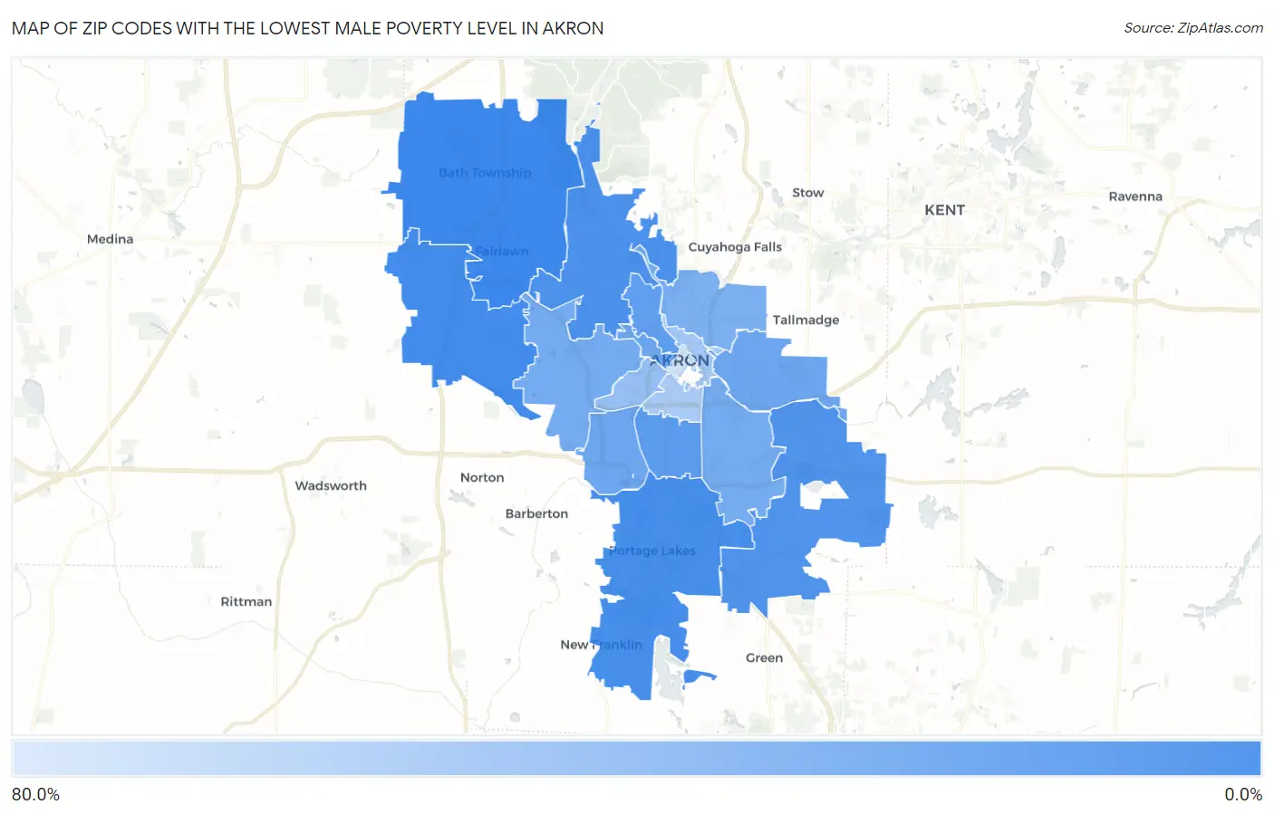 Zip Codes with the Lowest Male Poverty Level in Akron Map