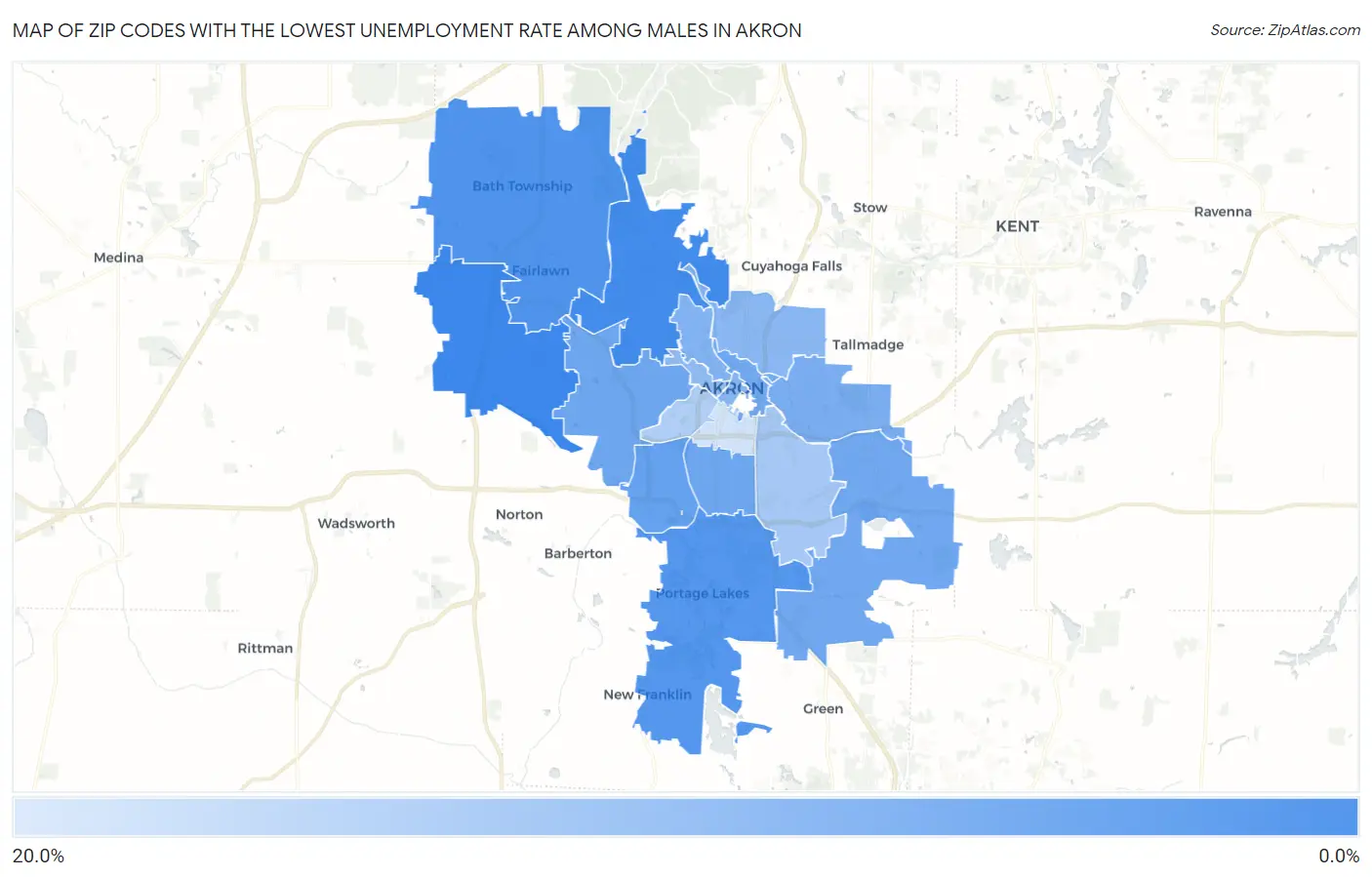 Zip Codes with the Lowest Unemployment Rate Among Males in Akron Map
