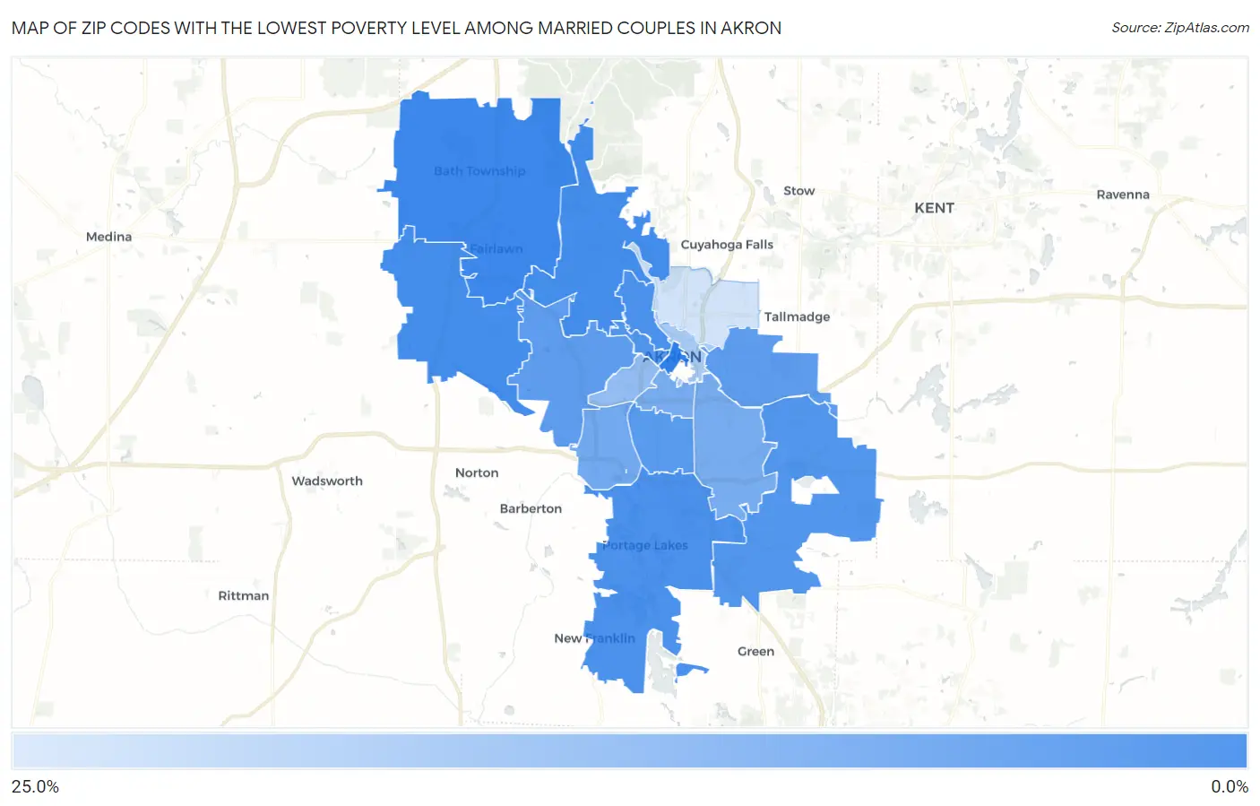 Zip Codes with the Lowest Poverty Level Among Married Couples in Akron Map