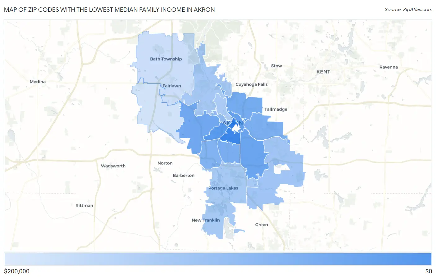 Zip Codes with the Lowest Median Family Income in Akron Map