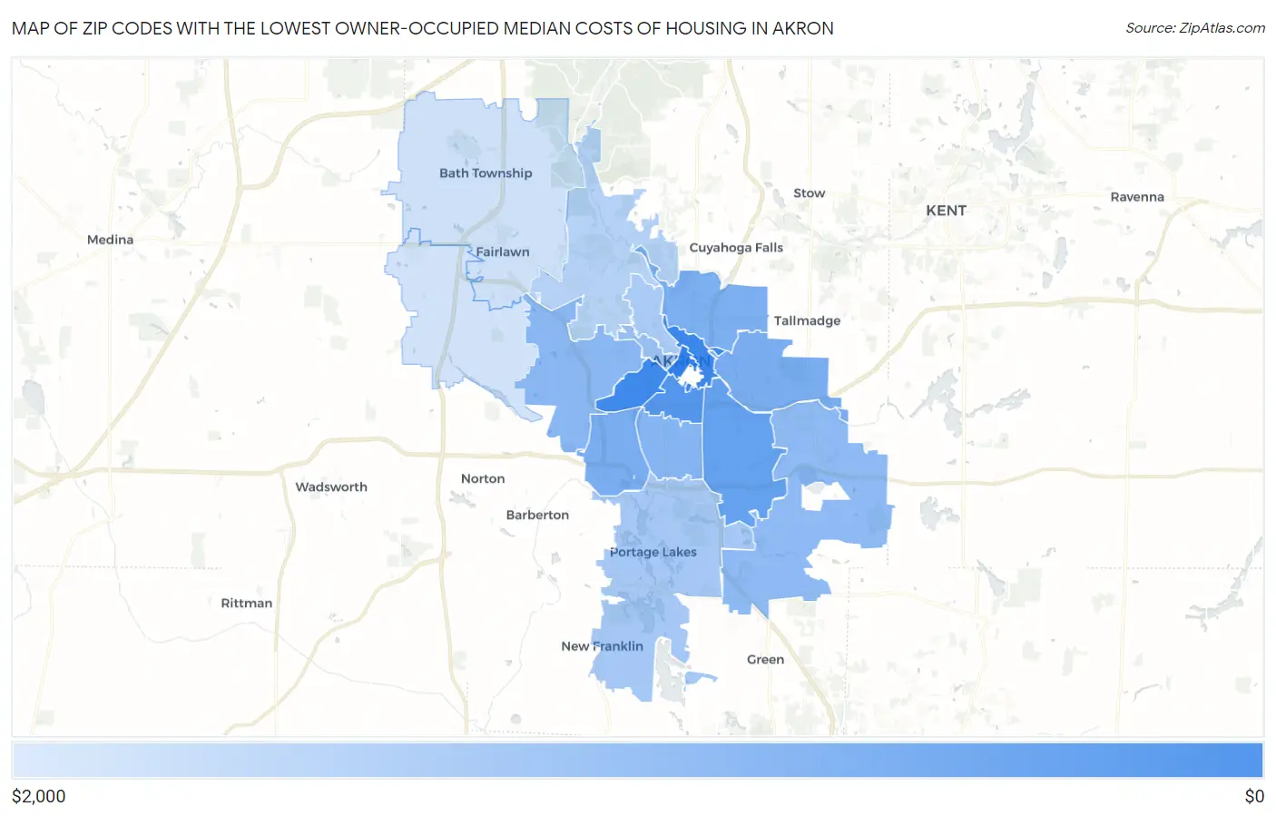 Zip Codes with the Lowest Owner-Occupied Median Costs of Housing in Akron Map