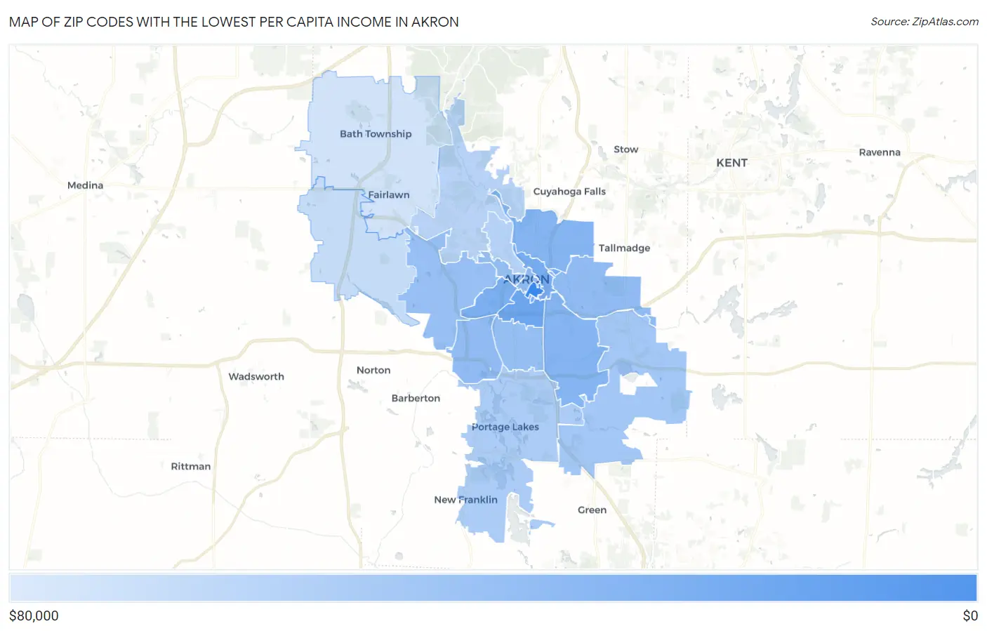 Zip Codes with the Lowest Per Capita Income in Akron Map
