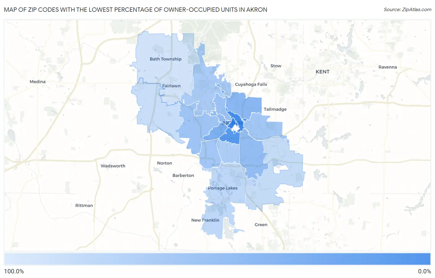 Zip Codes with the Lowest Percentage of Owner-Occupied Units in Akron Map