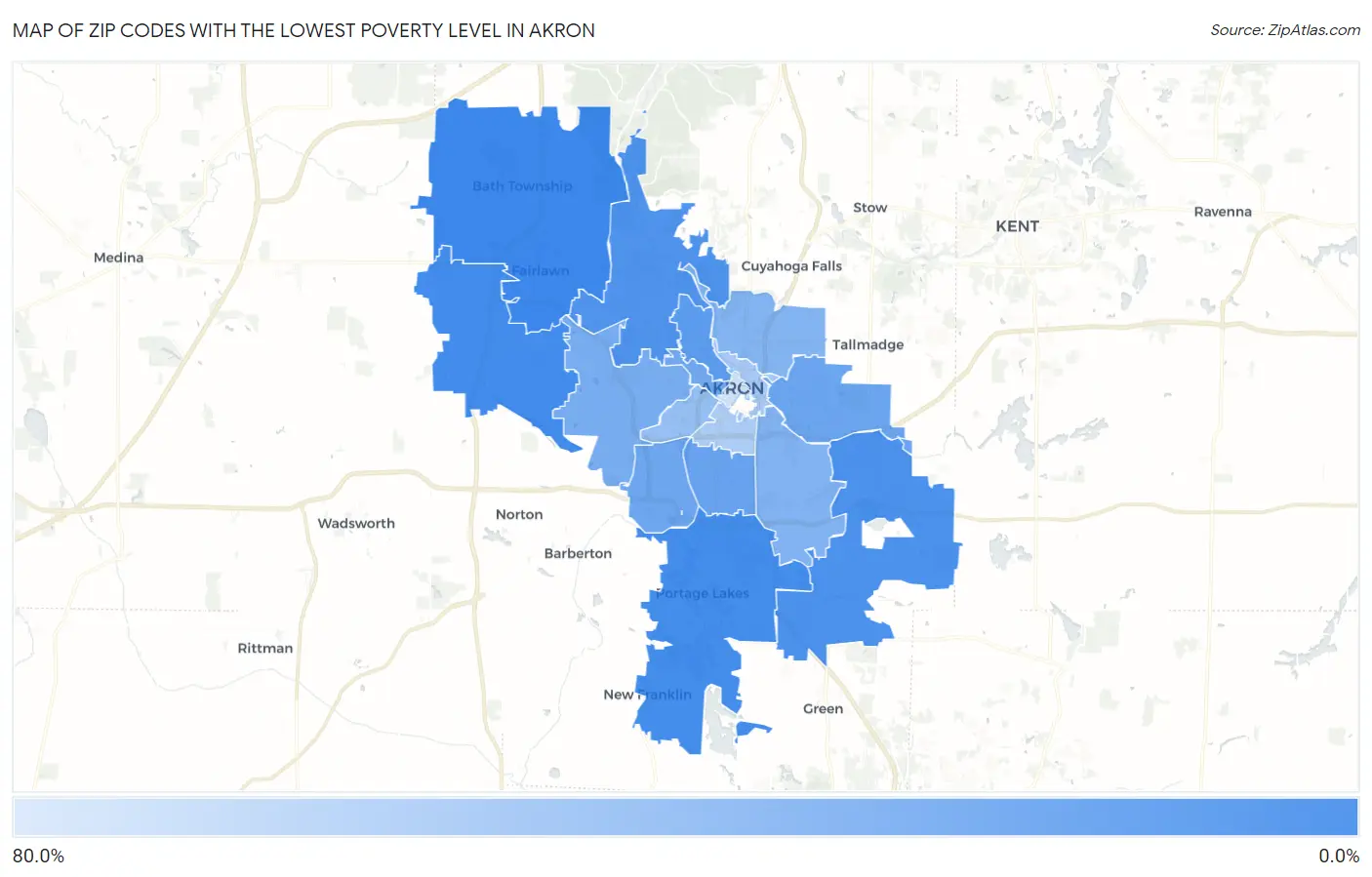 Zip Codes with the Lowest Poverty Level in Akron Map