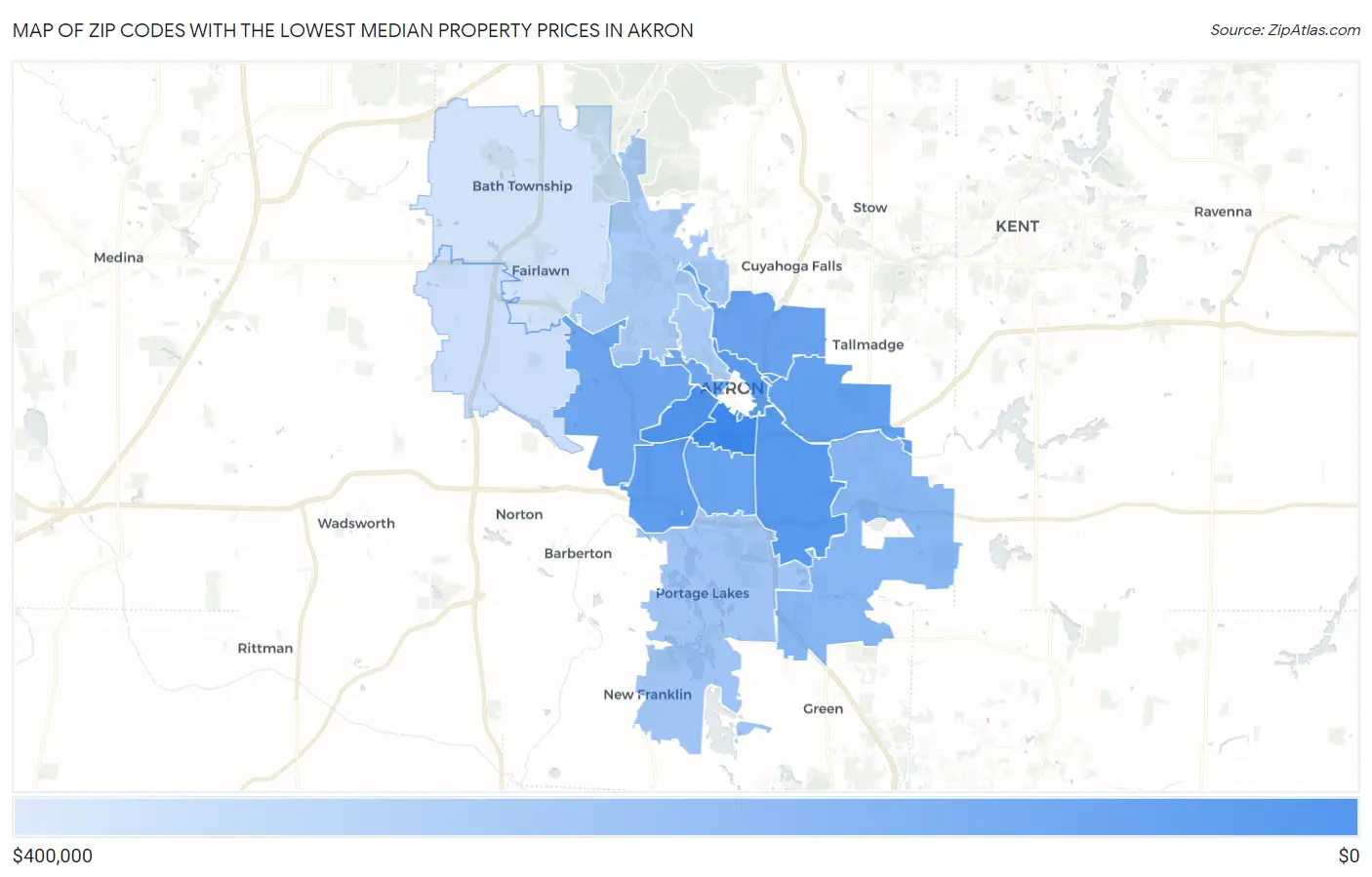 Zip Codes with the Lowest Median Property Prices in Akron Map