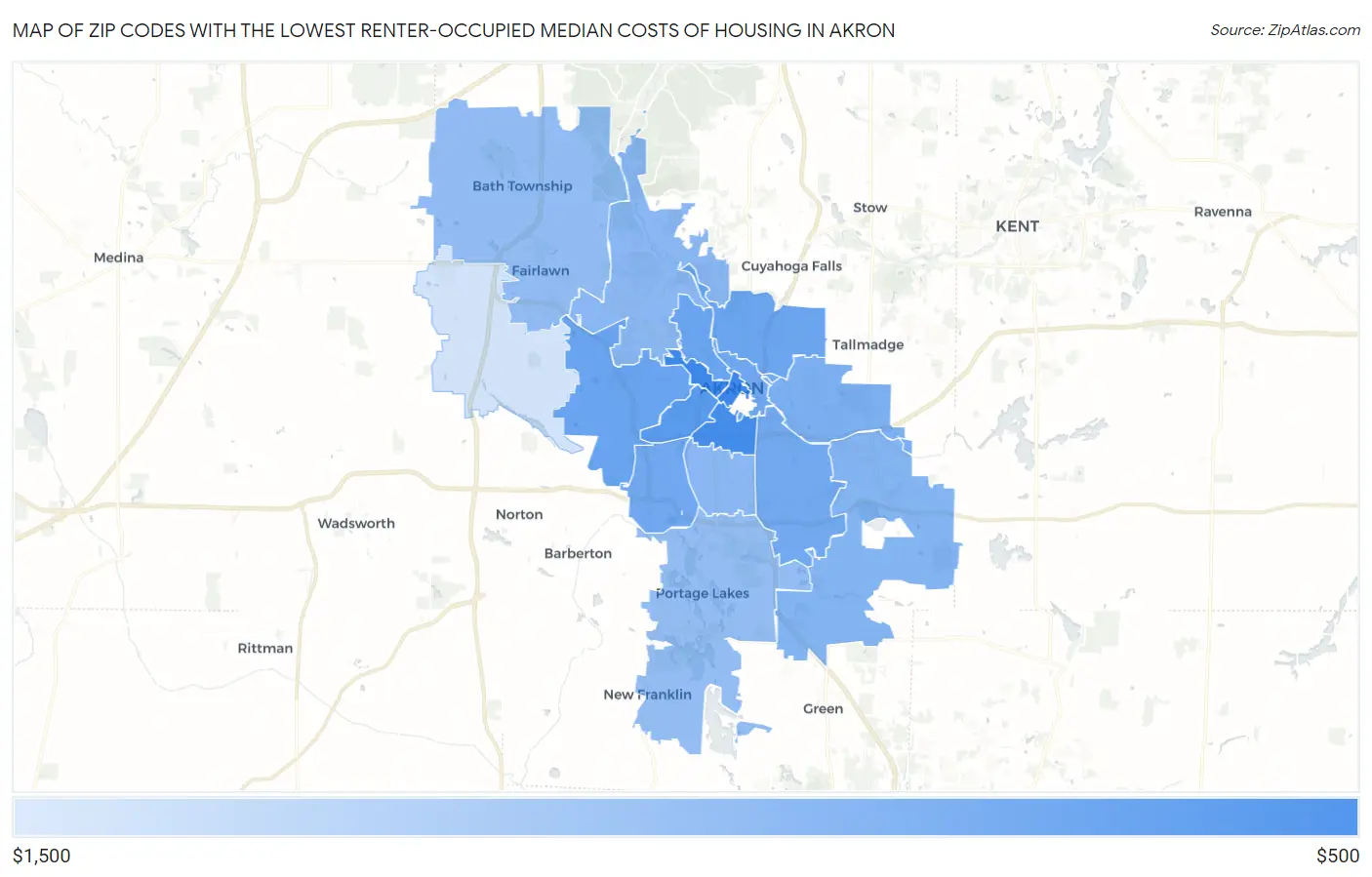 Zip Codes with the Lowest Renter-Occupied Median Costs of Housing in Akron Map