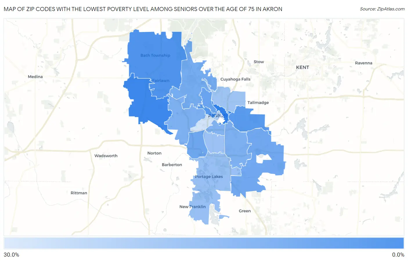 Zip Codes with the Lowest Poverty Level Among Seniors Over the Age of 75 in Akron Map