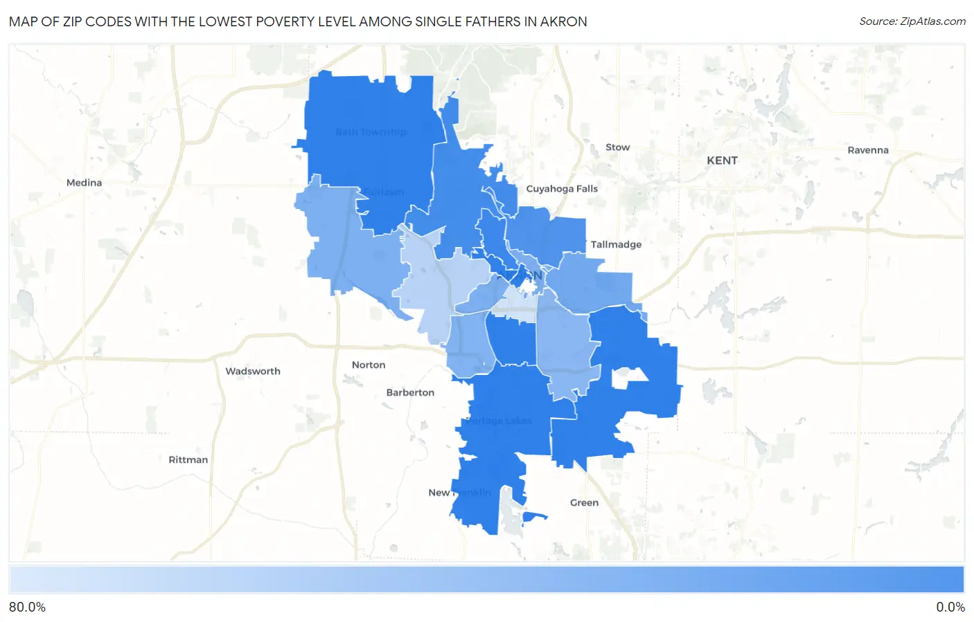 Zip Codes with the Lowest Poverty Level Among Single Fathers in Akron Map