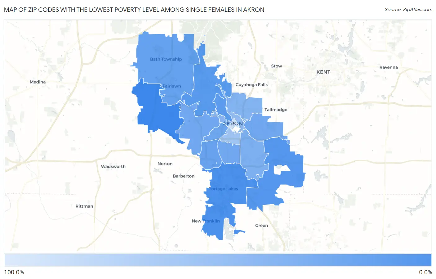Zip Codes with the Lowest Poverty Level Among Single Females in Akron Map