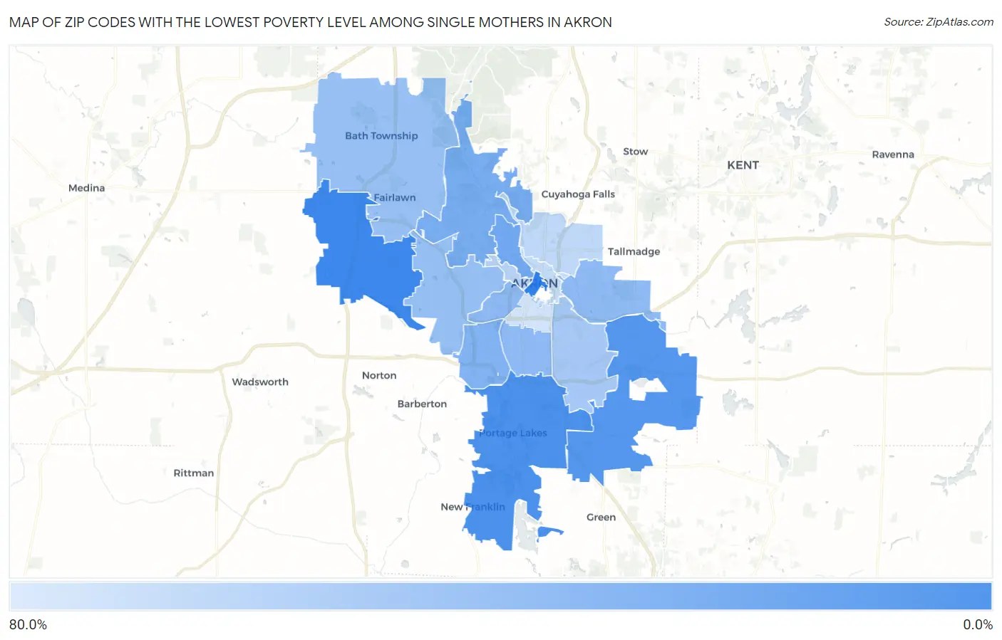 Zip Codes with the Lowest Poverty Level Among Single Mothers in Akron Map