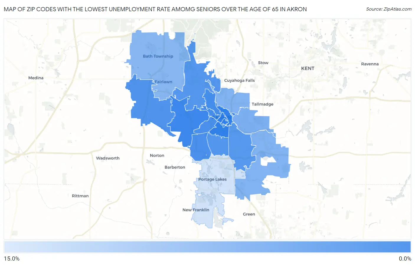 Zip Codes with the Lowest Unemployment Rate Amomg Seniors Over the Age of 65 in Akron Map