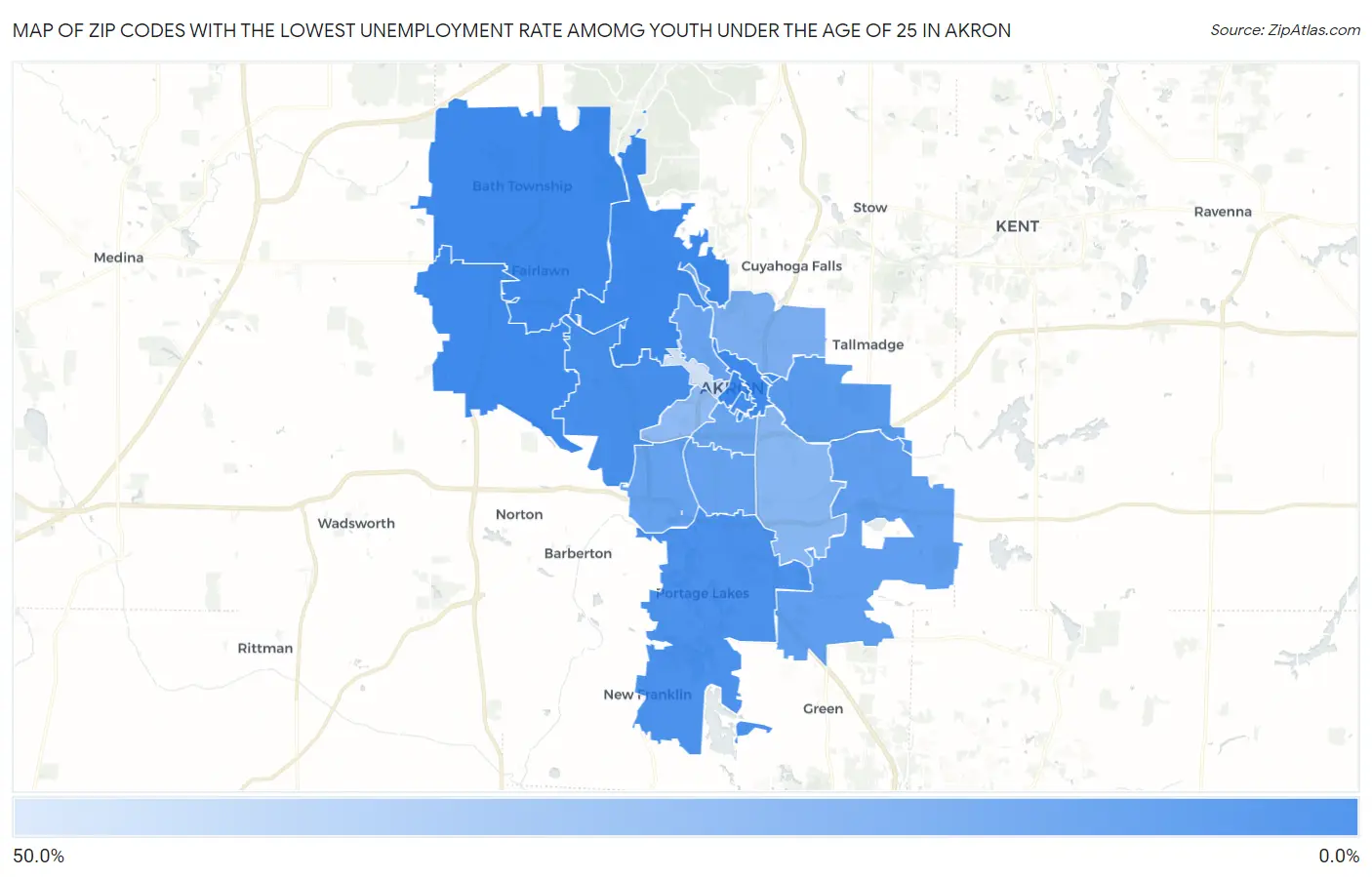 Zip Codes with the Lowest Unemployment Rate Amomg Youth Under the Age of 25 in Akron Map