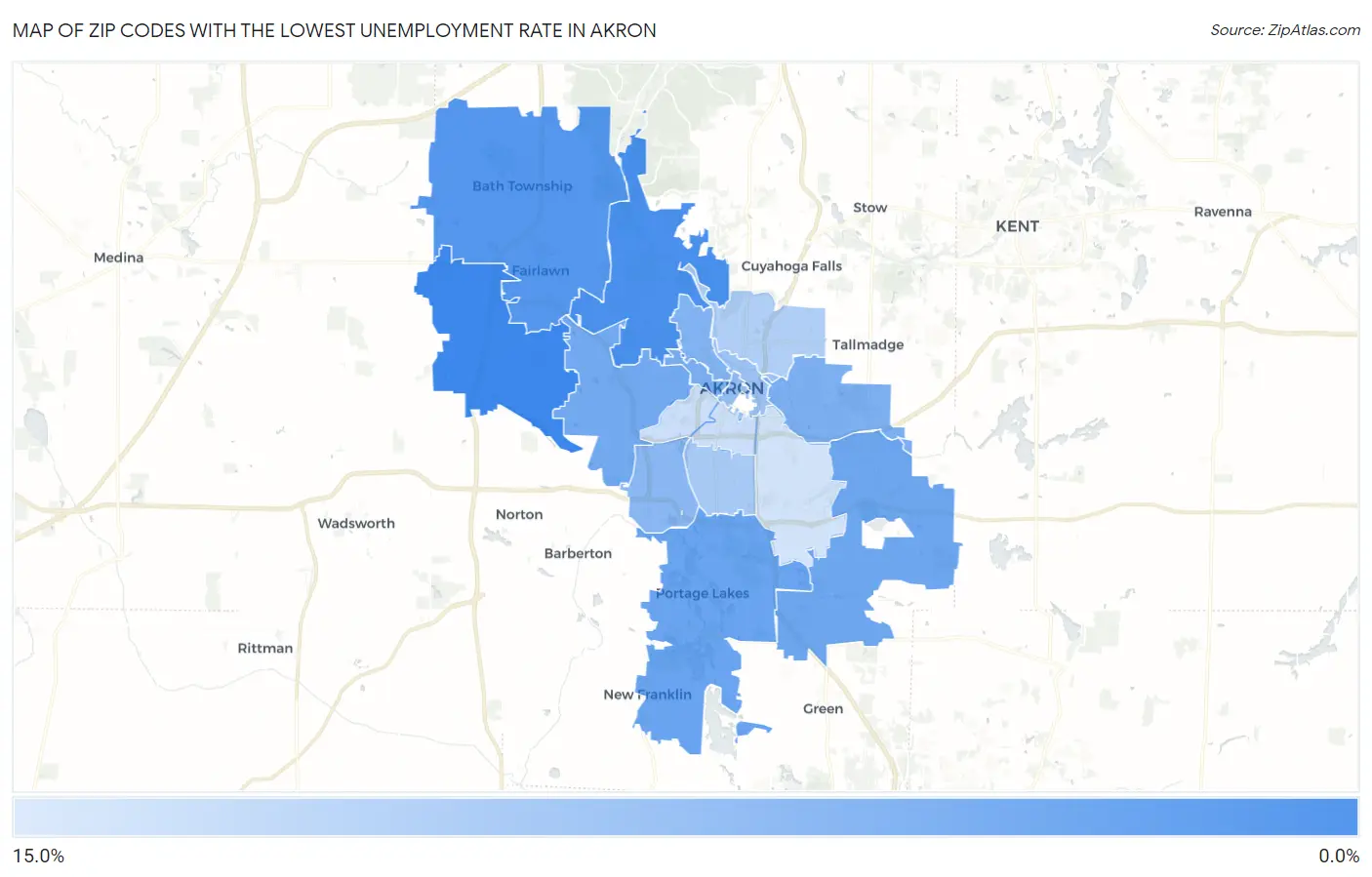 Zip Codes with the Lowest Unemployment Rate in Akron Map