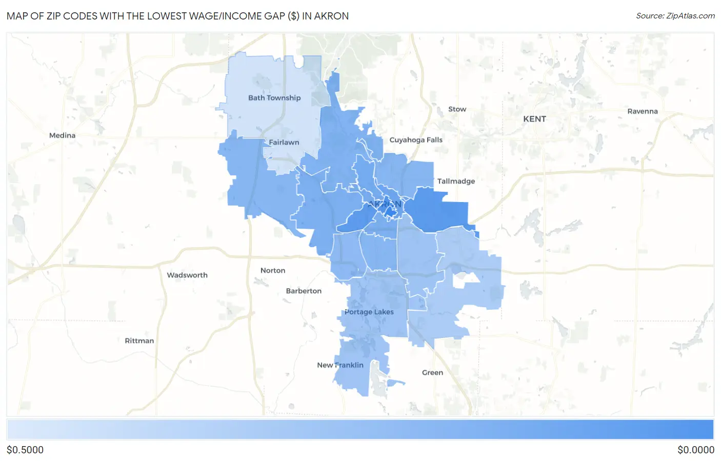 Zip Codes with the Lowest Wage/Income Gap ($) in Akron Map