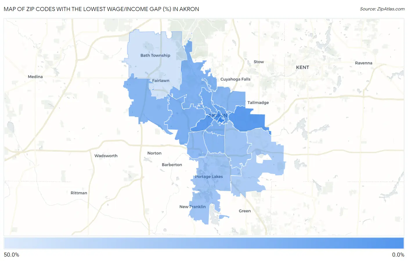 Zip Codes with the Lowest Wage/Income Gap (%) in Akron Map